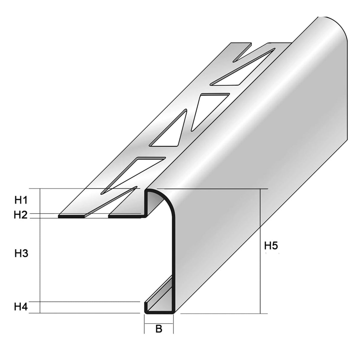 Dimensioned drawing of the DURAL worktop profile showing heights H1 - H5
