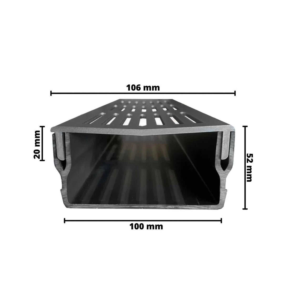 Dimensioned drawing drainage channel UD Pro 100 black with channel body made of black rigid PVC #A0003386
#A0003388