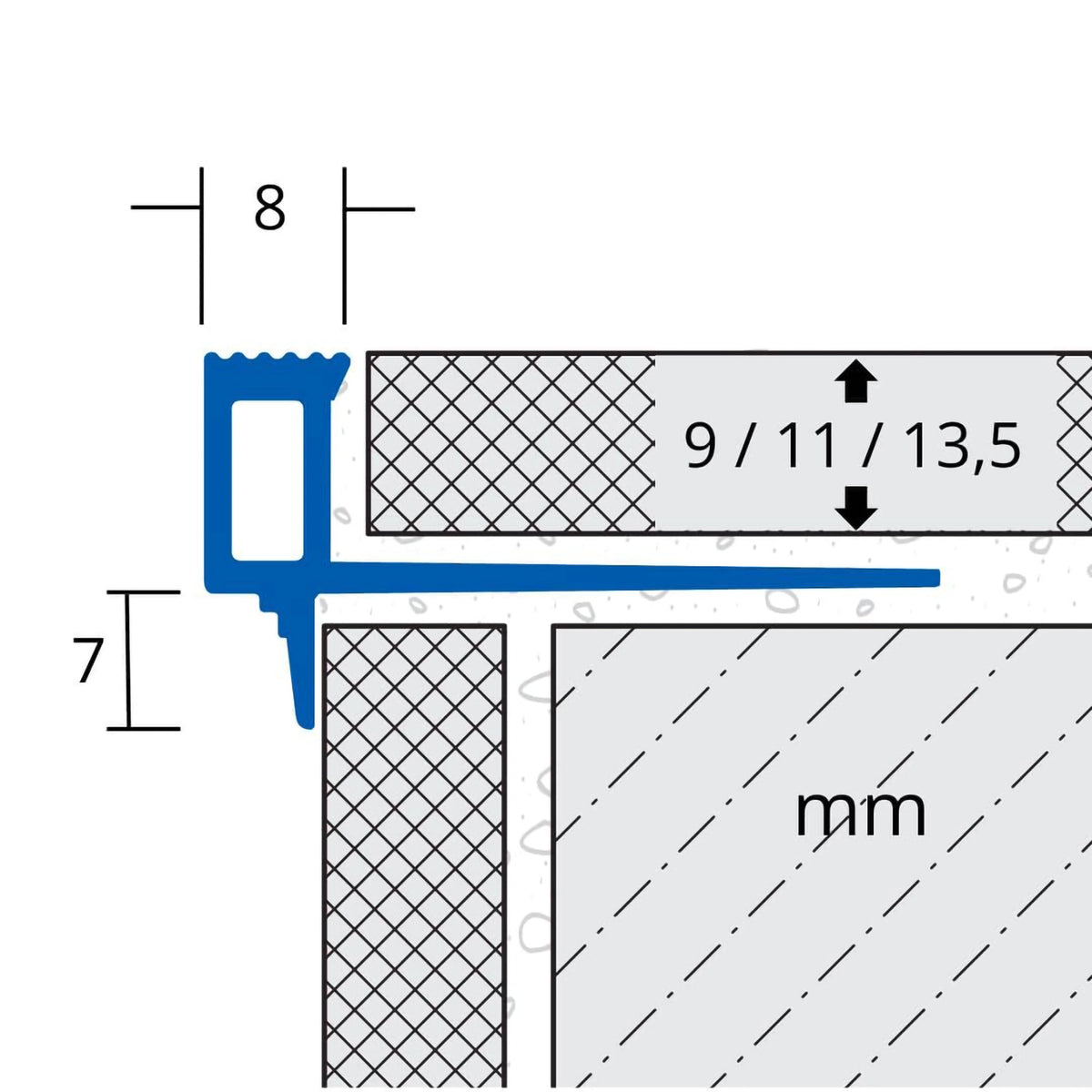 Dimensioned drawing stair profile Squarestep aluminium with ribbed surface