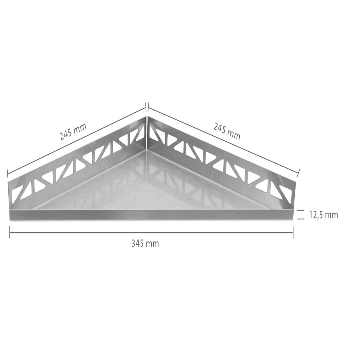 Gemaatvoerde tekening van het driehoekige roestvrijstalen schap met 345mm zichtbreedte