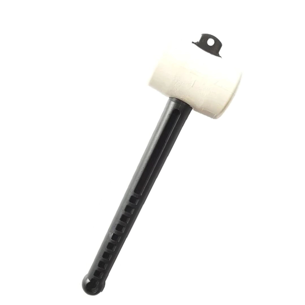 Rubber mallet with black handle and light-coloured head