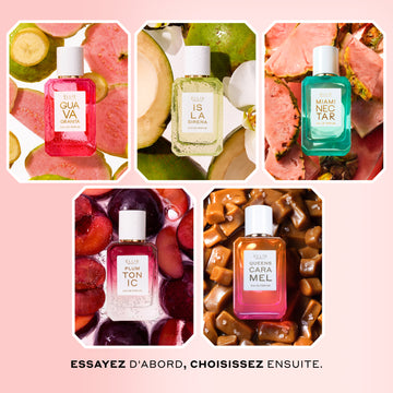 Collage de GUAVA GRANITA Eau de Parfum 50 ml sur des tranches de goyaves et de bananes, ISLA SIRENA Eau de Parfum 50 ml sur des noix de coco vertes et des fleurs blanches, MIAMI NECTAR Eau de Parfum 50 ml sur des tranches d'ananas rose, pLUM TONIC Eau de Parfum 50 ml sur des prunes tranchées, et QUEENS CARAMEL Eau de Parfum 50 ml sur des cubes de caramel et du sel rose, le tout sur un fond rose avec un texte noir qui dit « Essayez d'abord, choisissez ensuite. »