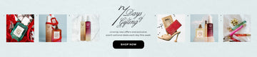 Blue banner with square images of Miami Nectar on silver foil and red bows, Queens Caramel, Marshmallows and Apple Love on blue background, Marshmallows and Vanilla Sin on white background, black text that reads "7 Days of Gifting. Unwrap new offers and exclusive deals each day", black oval with "Shop Now" in white text, Memoir and Mystery Gift Sets on high heel with falling diamonds, Vanilla Salt, Vanilla Milk, and Vanilla Sin circled with white lace and a bow, various travel sprays with gold bow.