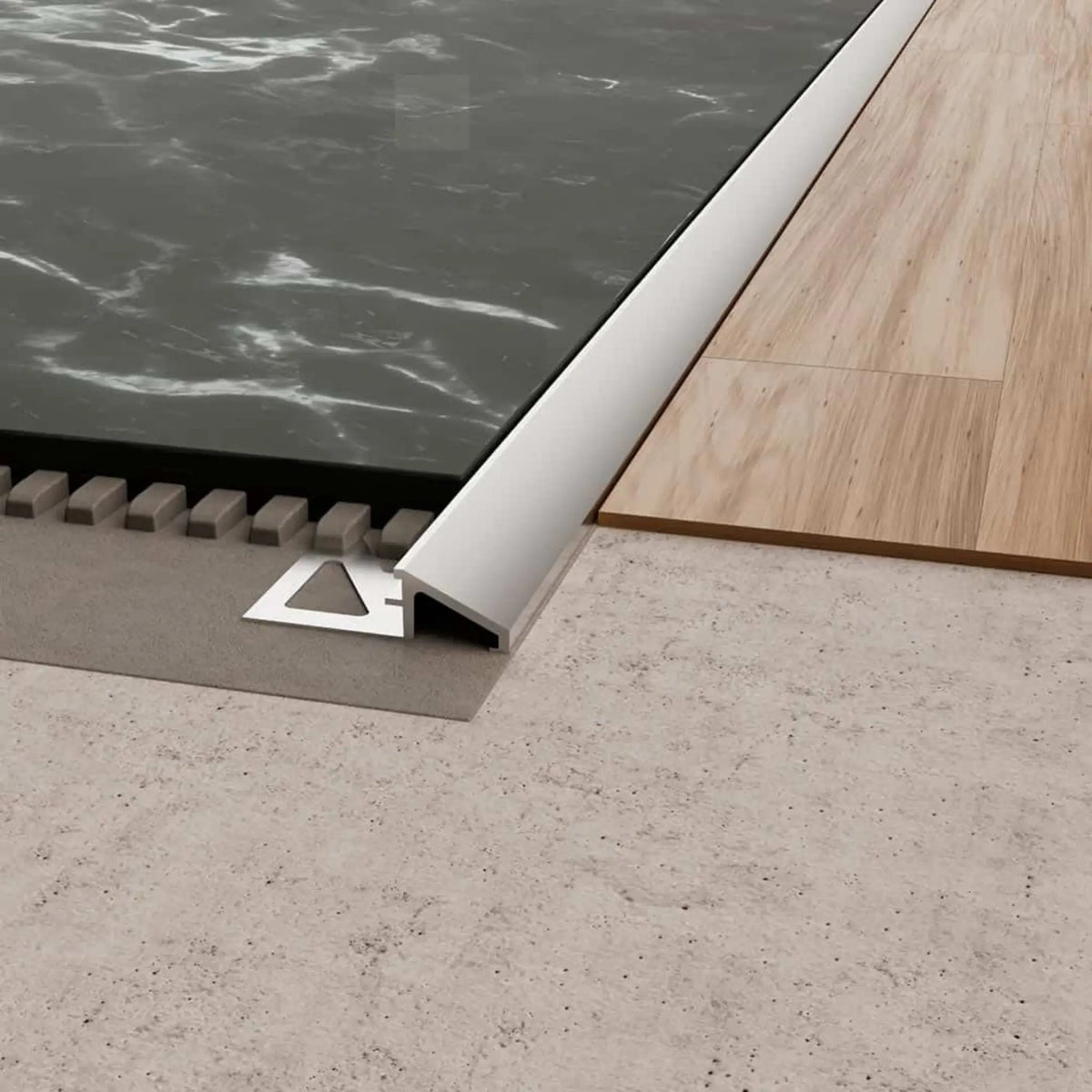 Lifestyle image DURAL adaptation profile TR aluminium natural between 2 floor coverings