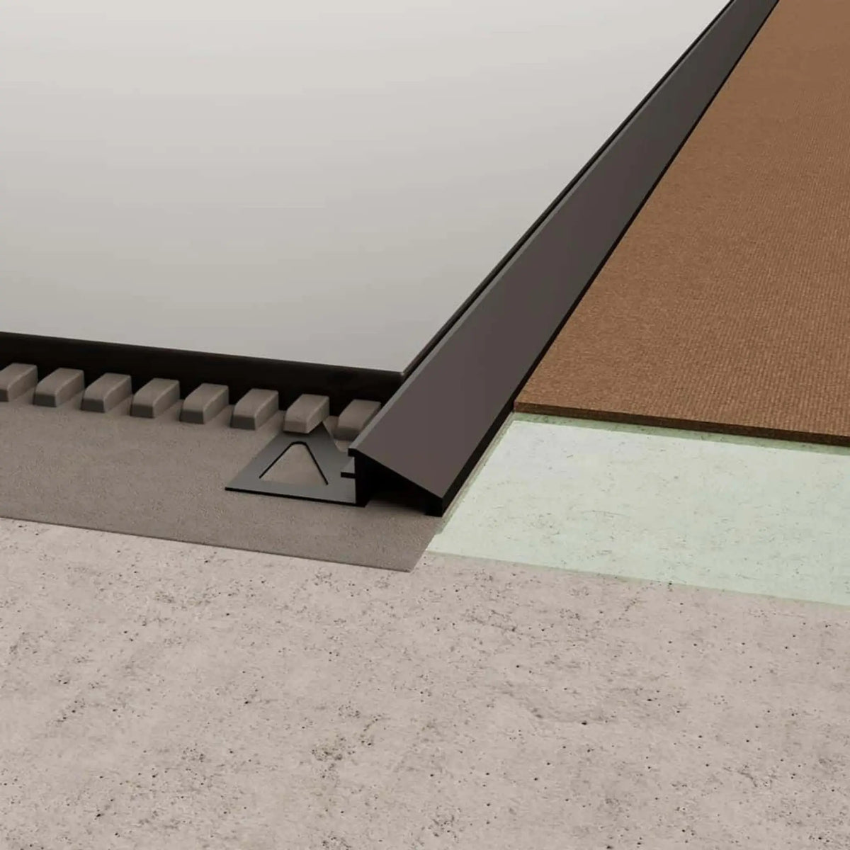 Ambientebild DURAL Anpassungsprofil TR Aluminium schwarz zwischen zwei Bodenbelägen