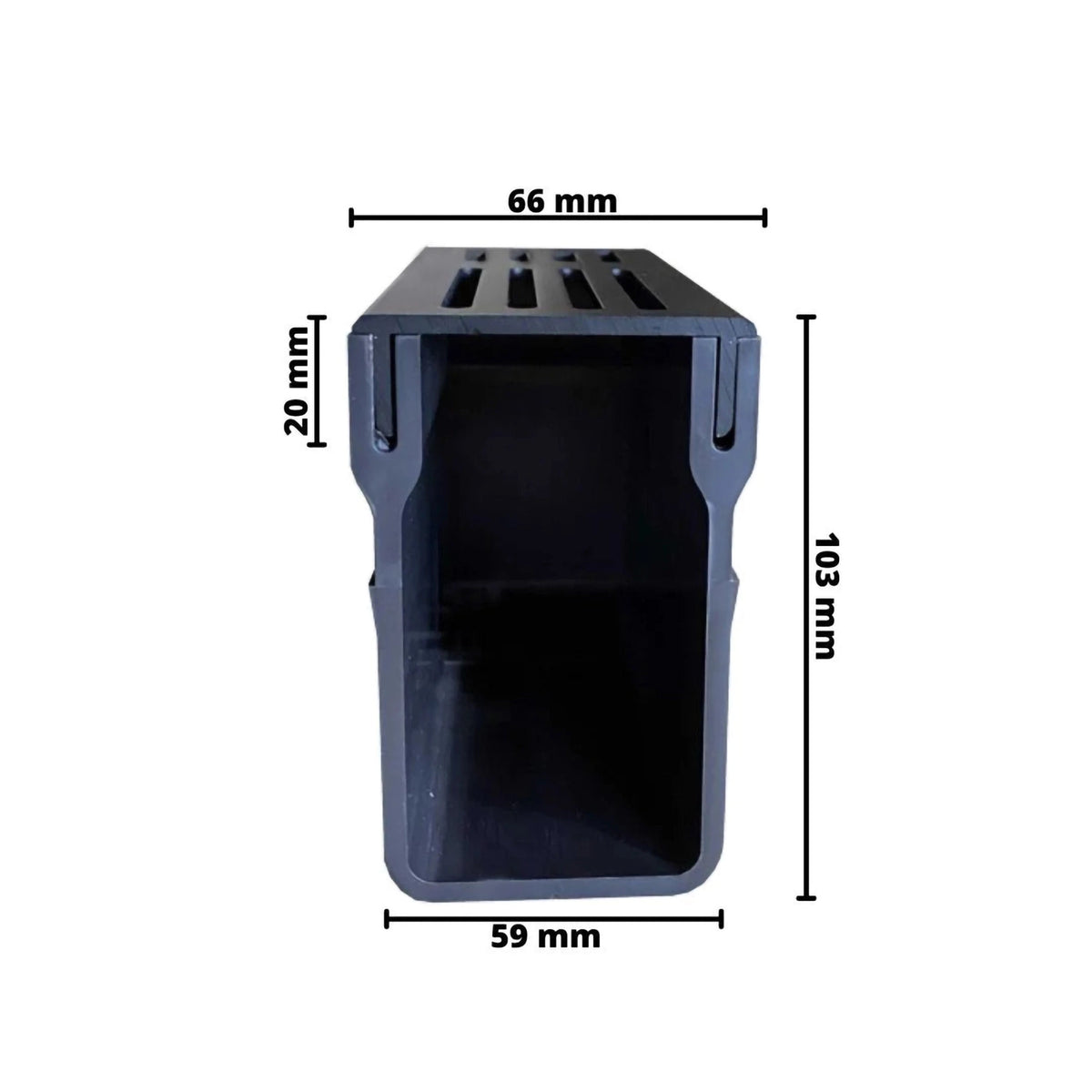 Dimensioned drawing drainage channel UD Pro 65 black with channel body made of black rigid PVC #A0003398
#A0003400