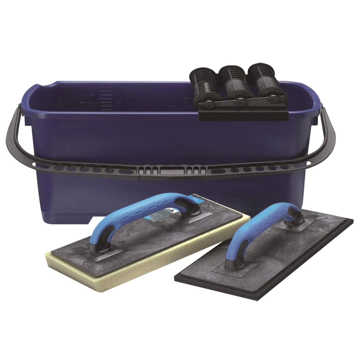 Roller washing kit with rollers fixed on a bucket and float boards