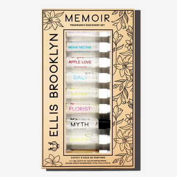 Boîte du coffret découverte de parfums Memoir avec un design floral beige et noir, montrant les flacons de 1,5 ml de Dear Sky Eau De Parfum, Miami Nectar Eau De Parfum, Apple Love Eau De Parfum, Salt Eau De Parfum, Sun Fruit Eau De Parfum, Florist Eau De Parfum, Myth Eau De Parfum, Sweet Eau De Parfum et Vanilla Milk Eau De Parfum, sur fond blanc.