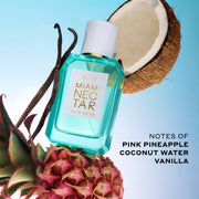 Miami Nectar 50ml Eau De Parfum with pink pineapple, vanilla beans, and coconut on light blue background with black text that reads 