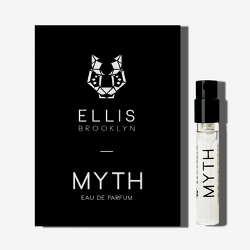 Myth 1.5ml Eau De Parfum Vial next to black Myth Eau De Parfum vial holder card. | english_image