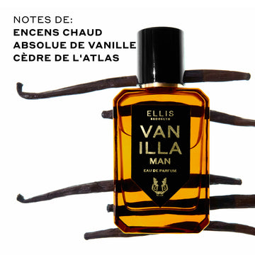 Vanilla Man 50ml Eau de Parfum devant des gousses de vanille sur fond blanc avec un texte noir indiquant « Notes de: Encens chaud, Absolue de vanille, Cèdre de L'Atlas »