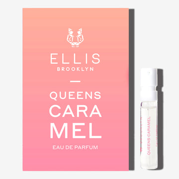 Queens Caramel 1.5ml Eau De Parfum Vial next to pink and orange ombre Queens Caramel Eau De Parfum vial holder card, on white background. | english_image