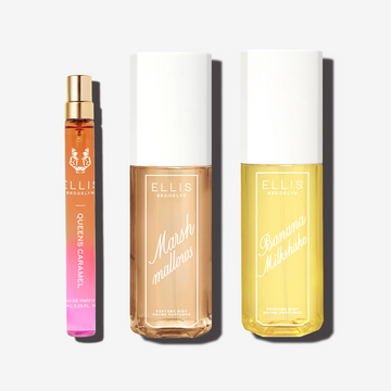 QUEENS CARAMEL 10ml Eau de Parfum, BANANA MILKSHAKE 90ml Perfume Mist and MARSHMALLOWS 90ml Perfume Mist on white background | english_image