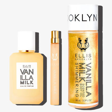 Vanilla Milk 50ml Eau De Parfum, Vanilla Milk 10ml Eau De Parfum Travel Spray, and Vanilla Milk Shimmering Scented Body Oil 95ml on white background.