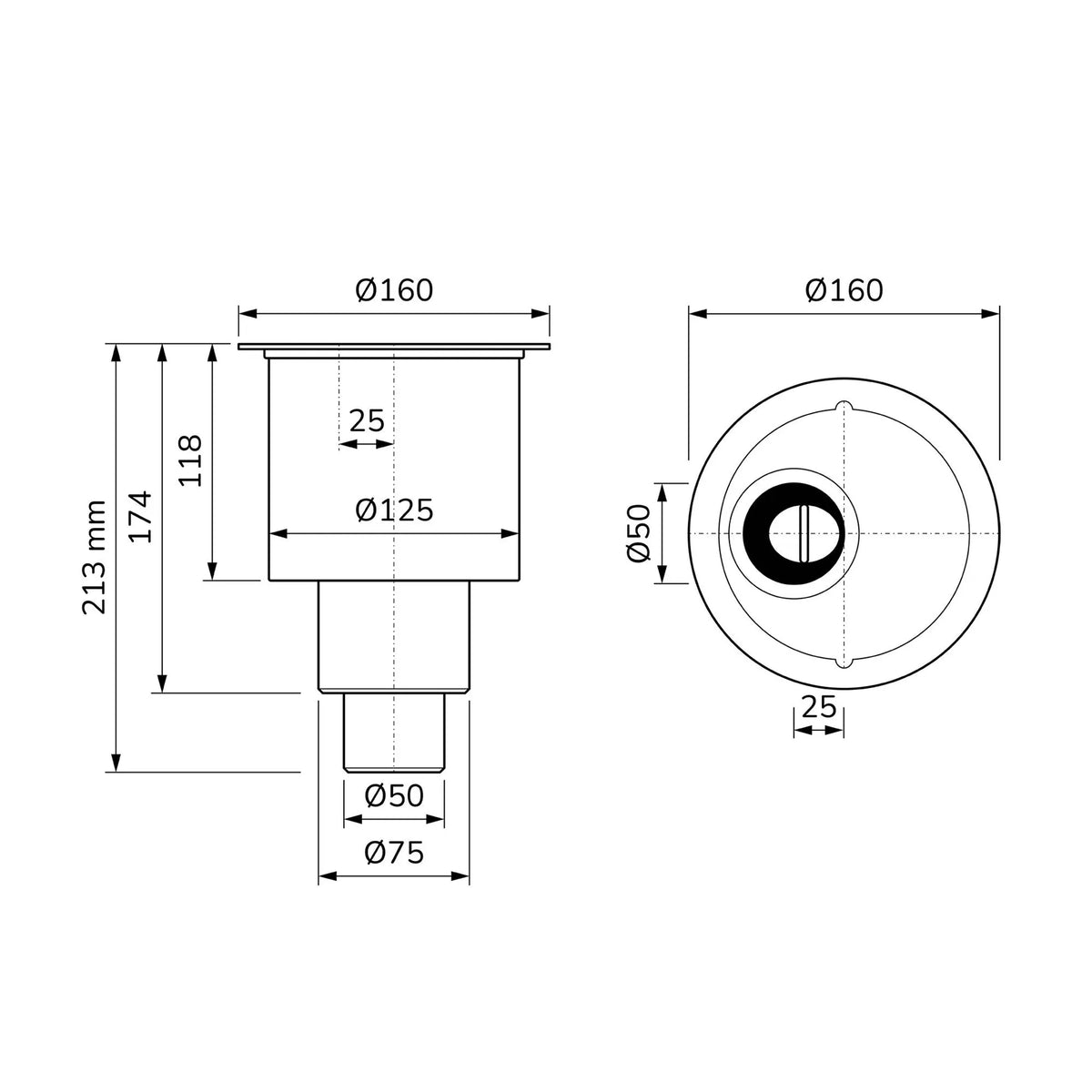 Dimensioned drawing vertical drain for adjustable shower drains