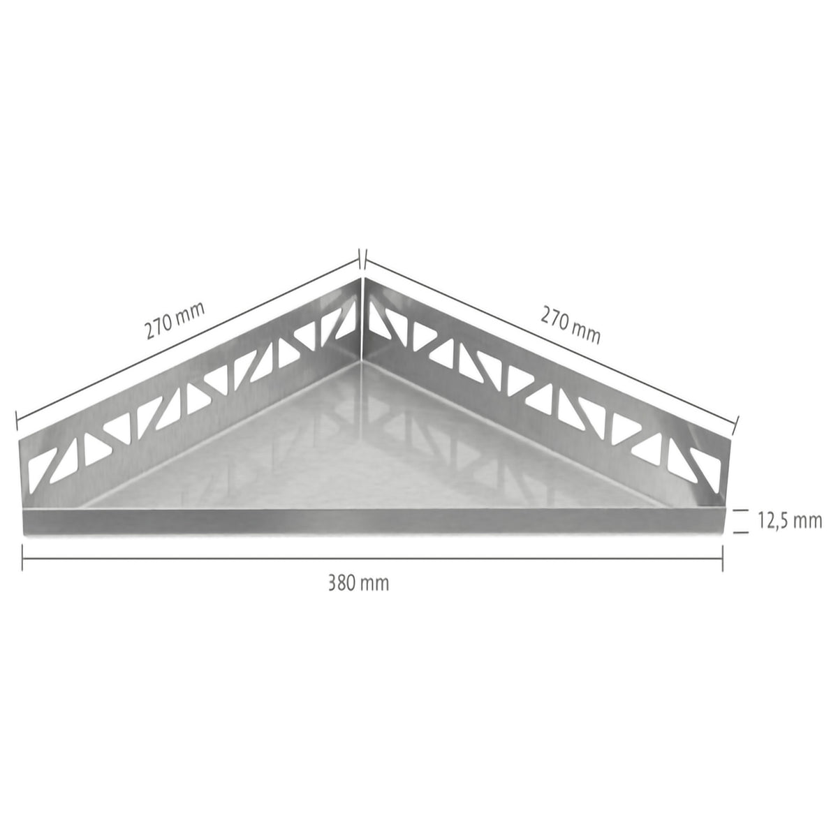 Gemaatvoerde tekening van het driehoekige roestvrijstalen schap met 380mm zichtbreedte