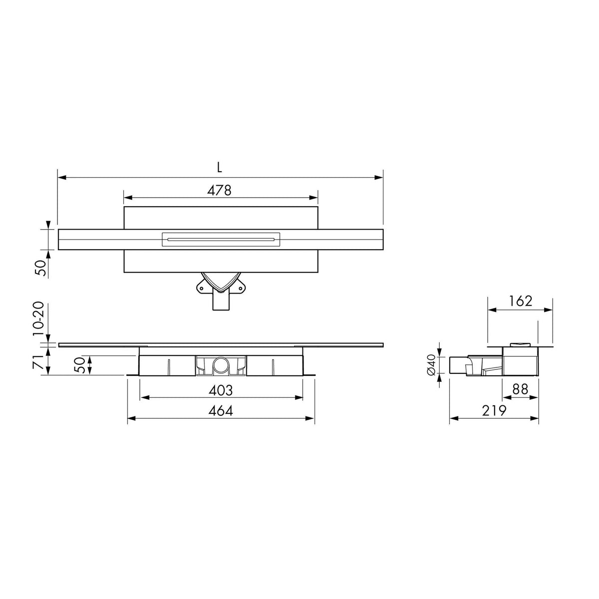 Dimensioned drawing adjustable shower drain complete set with 71mm installation height
#A0005317
#A0005318
#A0005319
#A0005323
#A0005324
#A0005325
#A0005329
#A0005330
#A0005331